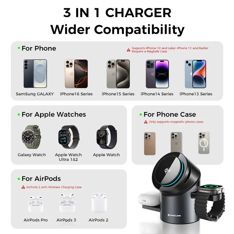 MAGIC JOHN 3-In-1 Wireless Charger Station,Fast Charging Stand for Apple & Samsung,One-Touch Control,One Click Open, Cooling Design, Foldable & Portable Design Wireless Charging Station for Iphone & Samsung Phone & Iwatch & Airpods Series