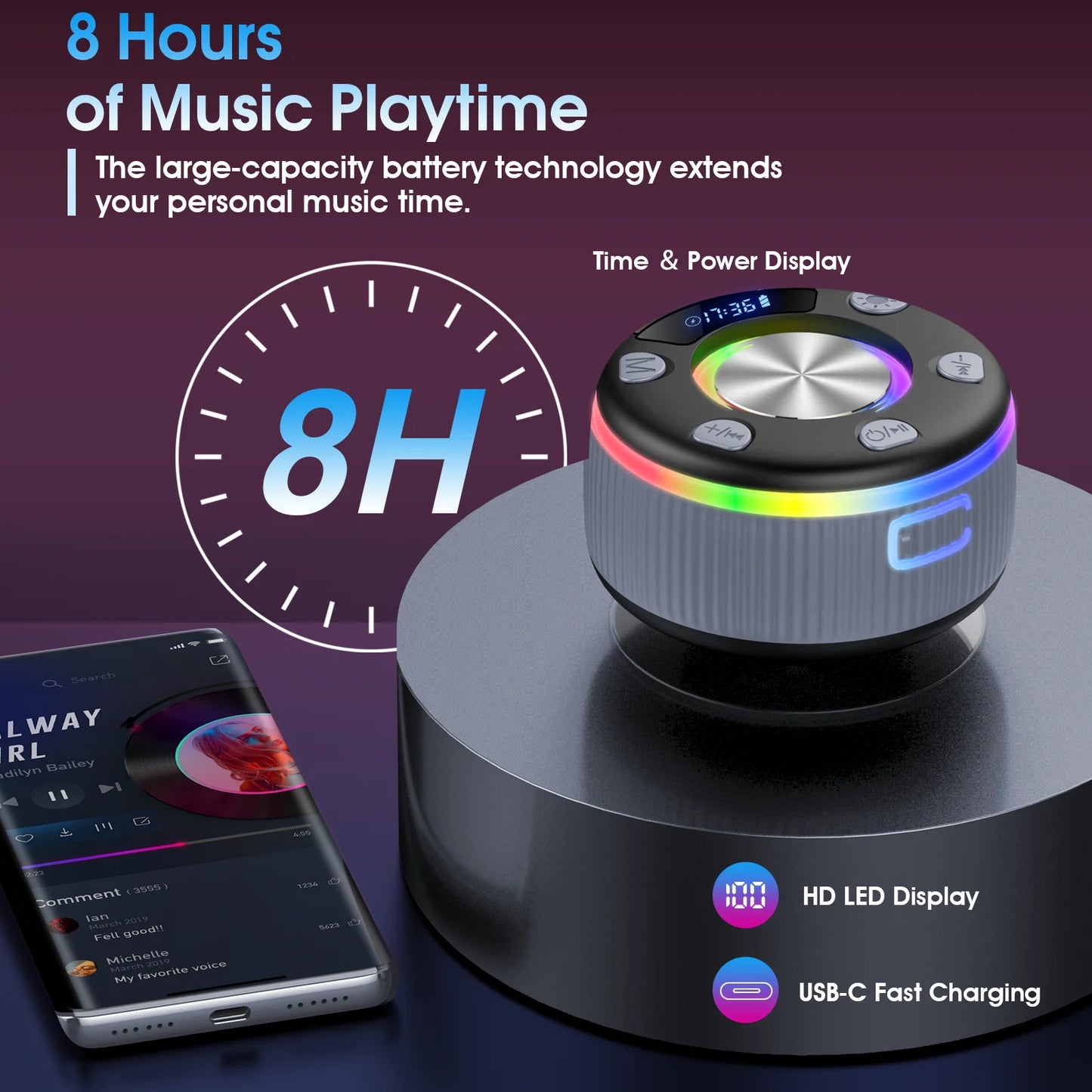 Bluetooth Shower Speaker, Portable Bluetooth 5.3 Speakers Wireless with Time Display, IP7 Waterproof Mini Speaker with RGB Lights, Stereo Bass, Suction Cup, for Bathroom Party Travel Outdoor