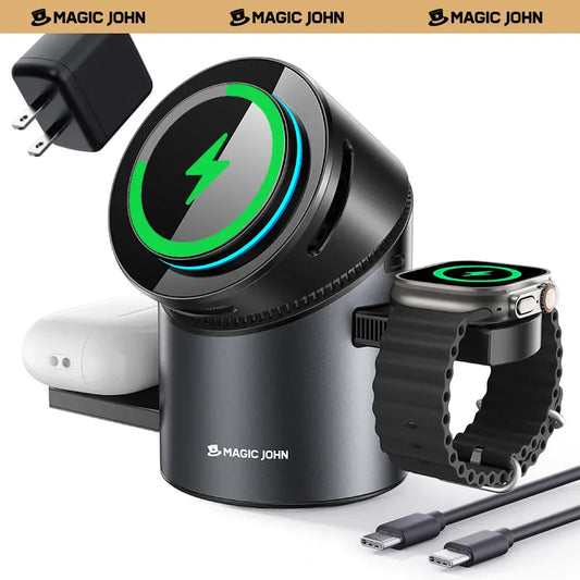 MAGIC JOHN 3-In-1 Wireless Charger Station，Fast Charging Stand for Apple & Samsung，One-Touch Control，One Click Open, Cooling Design, Foldable & Portable Design Wireless Charging Station for Iphone & Samsung Phone & Iwatch & Airpods Series