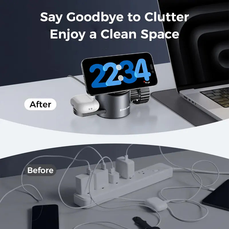 MAGIC JOHN 3-In-1 Wireless Charger Station，Fast Charging Stand for Apple & Samsung，One-Touch Control，One Click Open, Cooling Design, Foldable & Portable Design Wireless Charging Station for Iphone & Samsung Phone & Iwatch & Airpods Series