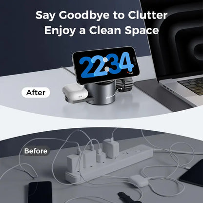 MAGIC JOHN 3-In-1 Wireless Charger Station，Fast Charging Stand for Apple & Samsung，One-Touch Control，One Click Open, Cooling Design, Foldable & Portable Design Wireless Charging Station for Iphone & Samsung Phone & Iwatch & Airpods Series