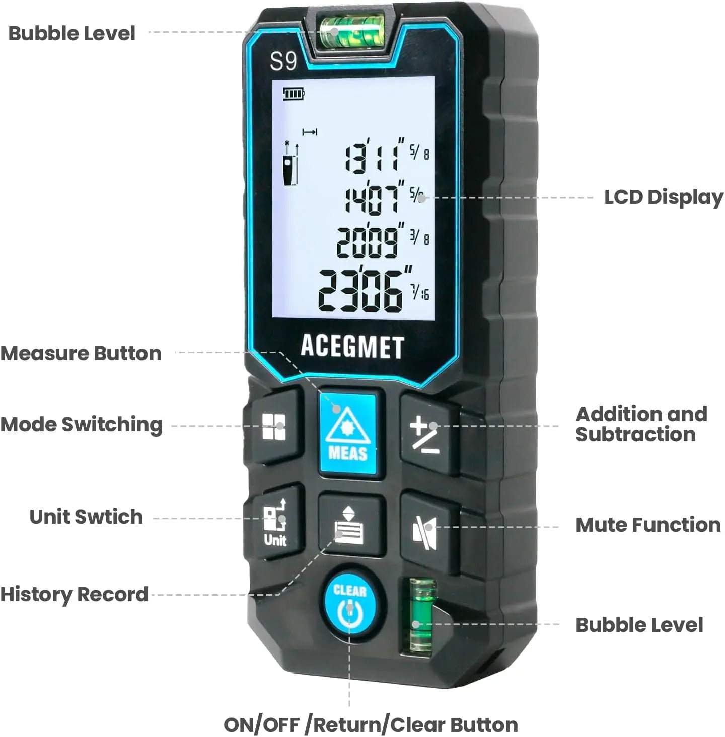 ACEGMET Laser Measure S9 , 229Ft Laser Measurement Tool, Room Laser Measuring Tool with 2 Bubble Levels, LCD Backlit Display, IP54 Waterproof, Pythagorean Mode for Distance, Area, Volume,For Men Gift Tiktokshopholidayhaul
