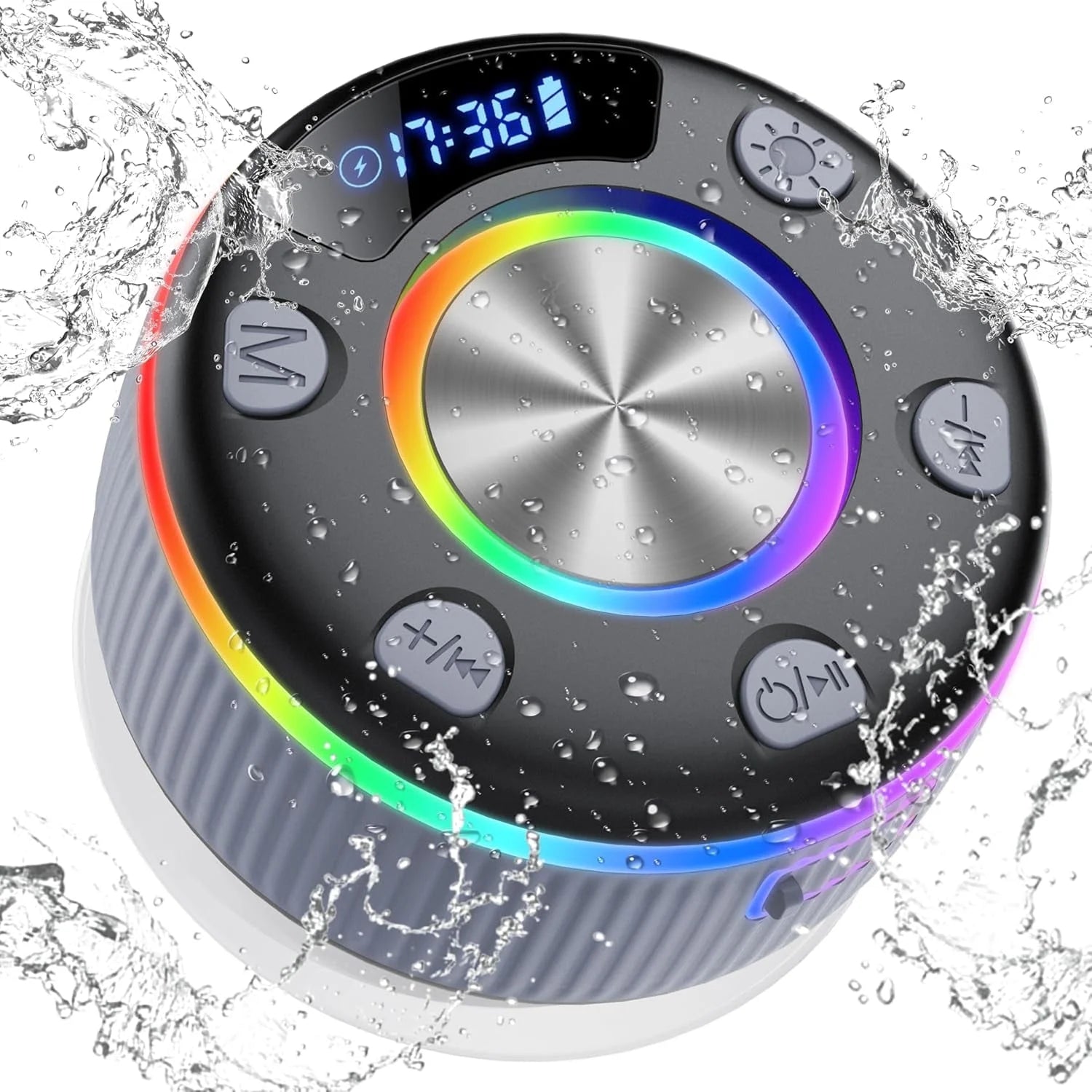 Bluetooth Shower Speaker, Portable Bluetooth 5.3 Speakers Wireless with Time Display, IP7 Waterproof Mini Speaker with RGB Lights, Stereo Bass, Suction Cup, for Bathroom Party Travel Outdoor