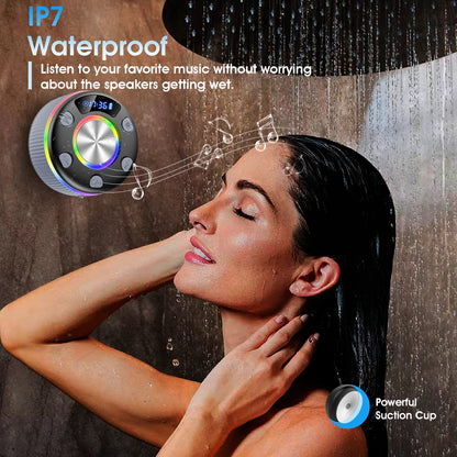 Bluetooth Shower Speaker, Portable Bluetooth 5.3 Speakers Wireless with Time Display, IP7 Waterproof Mini Speaker with RGB Lights, Stereo Bass, Suction Cup, for Bathroom Party Travel Outdoor