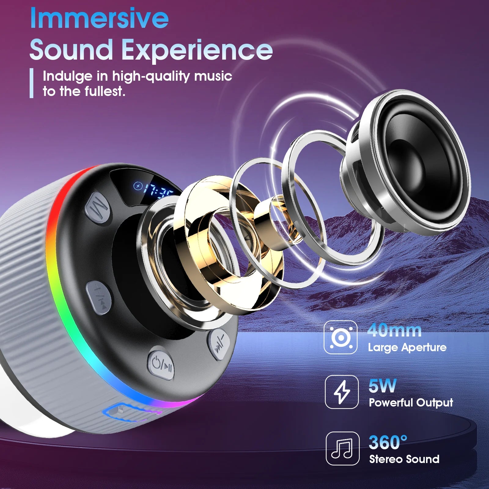 Bluetooth Shower Speaker, Portable Bluetooth 5.3 Speakers Wireless with Time Display, IP7 Waterproof Mini Speaker with RGB Lights, Stereo Bass, Suction Cup, for Bathroom Party Travel Outdoor