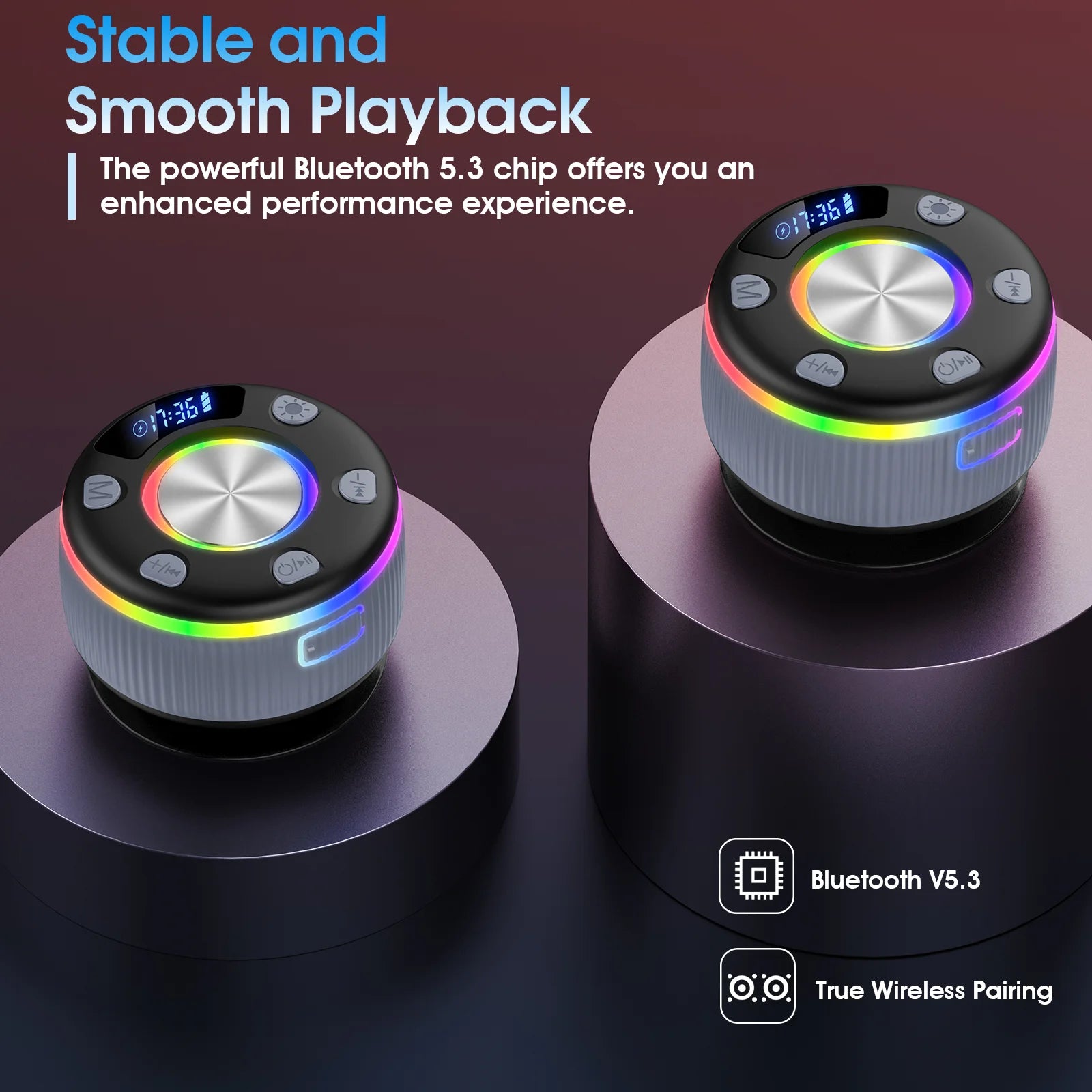 Bluetooth Shower Speaker, Portable Bluetooth 5.3 Speakers Wireless with Time Display, IP7 Waterproof Mini Speaker with RGB Lights, Stereo Bass, Suction Cup, for Bathroom Party Travel Outdoor